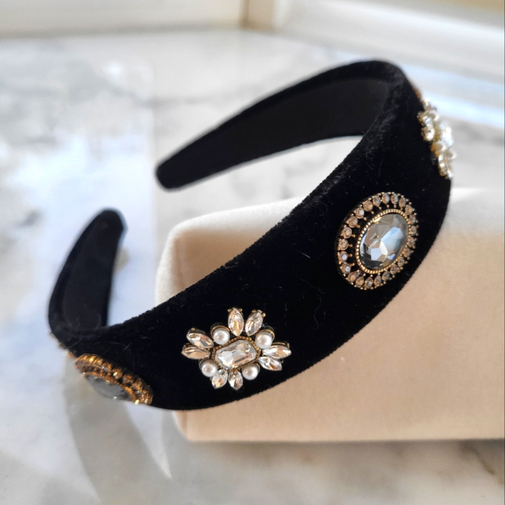 Black Velvet headband with pearl and crystal